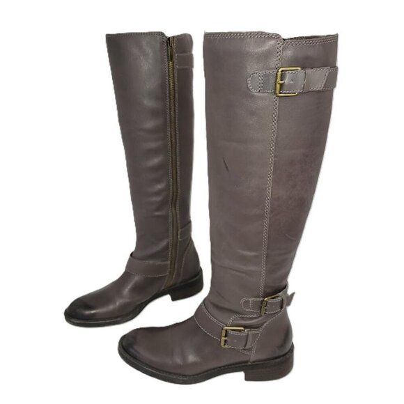 Enzo Angiolini Easayin Tall Riding Boots Dark Taupe Gray W/Buckle Detail Size 6M - Picture 1 of 16